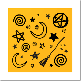 Blessed Be, Broom Stick, Harm None, Pentacle, Spiral, Star… in black + white Posters and Art